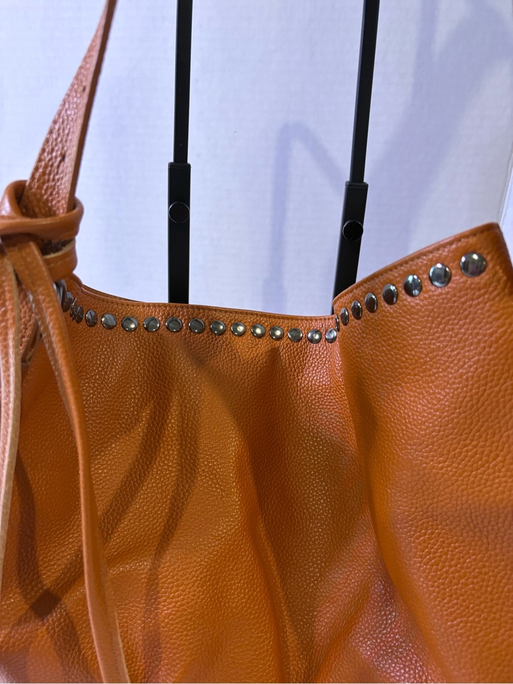 Orange Pebbled Leather Shoulder Bag with Stud Trim